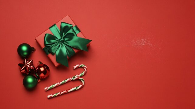 Festive christmas gift box with ornaments and candy canes on red background - Powered by Adobe