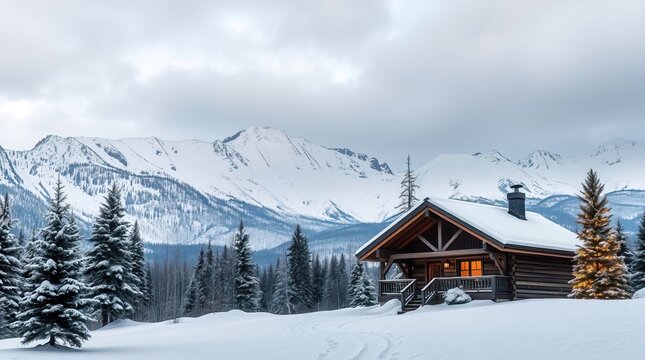 Cozy winter cabin nestled amidst snow-covered mountains and pine trees. The warm glow of lights emanates from the windows, creating a sense of peace and comfort in the cold landscape