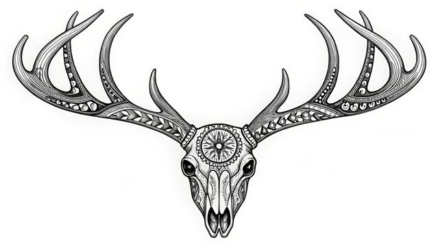 Black and white detailed drawing of a deer skull and large antlers decorated with ornate, tribal patterns. Use for tattoo, occult, fantasy, nature, or mythology blogs/sites. - Powered by Adobe