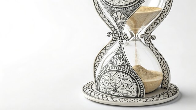 Ornate silver hourglass with flowing sand, centered on a white background with copy space. Use for sites/blogs/articles on time management, deadlines, history, luxury, measurement, planning