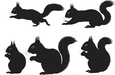 Cad drawing flat vector illustration of five squirrel silhouettes, animal poses collection, jumping and eating wildlife design, forest nature art concept