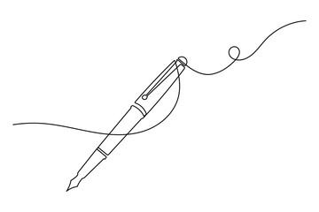 Fototapeta premium Continuous line drawing of classic fountain pen with elegant flowing ink stroke, isolated.