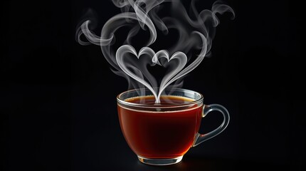 A cup of coffee with a romantic steam shape of heart, with black background. A heartwarming image that evokes feelings of comfort, love, and togetherness