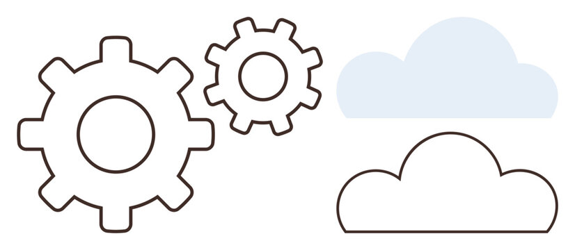 Two interlocking gears beside a cloud, representing technology, cloud computing, innovation, process automation. Ideal for teamwork, development, internet, strategy networking simple flat metaphor