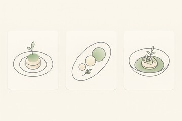 Minimalistic culinary artistry showcased in three refined presentations of plant based desserts featuring organic elements and a delicate color palette emphasizing simplicity and elegance