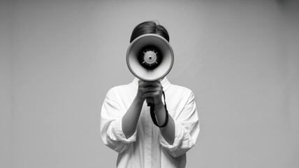 A person holding a megaphone, partially obscured, against a minimalist background, suggesting themes of communication and expression.