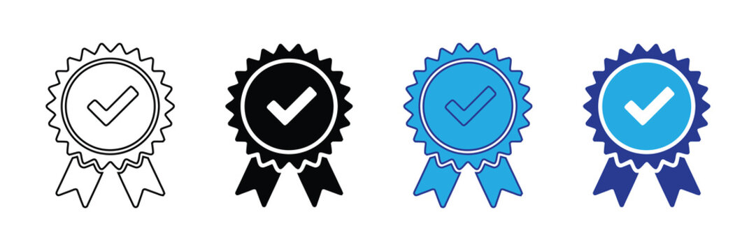 Four distinct award rosette icons with checkmarks symbolizing verification, approval, and achievement, presented in black and white, solid black, and two shades of blue.
