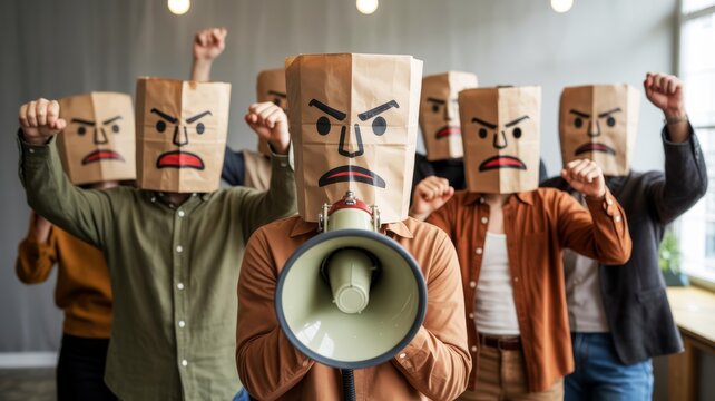 A group of people wearing paper bag masks with angry faces, holding fists up, while one person speaks through a megaphone, conveying a message of protest.