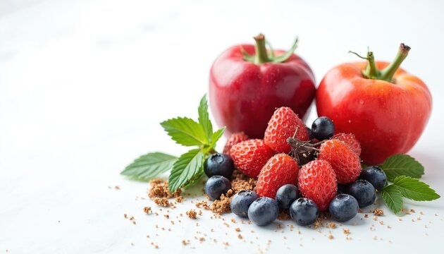 Composition of vibrant fresh berries and red fruits. Healthy food concept with strawberries blueberries and tomatoes on white surface. Dieting nutrition eating concept with vibrant ingredients