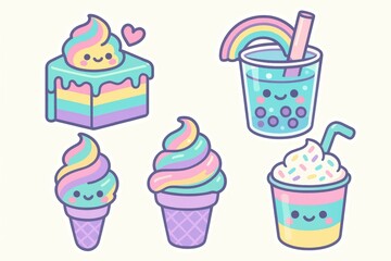Whimsical pastel dessert collection featuring cheerful ice cream cones colorful cake slice and playful bubble tea brimming with joy and sweetness expressing delight and whimsy