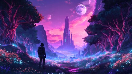 Futuristic Bioluminescent Fantasy Forest Landscape with Glowing Trees, Mystical Atmosphere, Sci-Fi Nature Environment, Ultra-Realistic Illustration