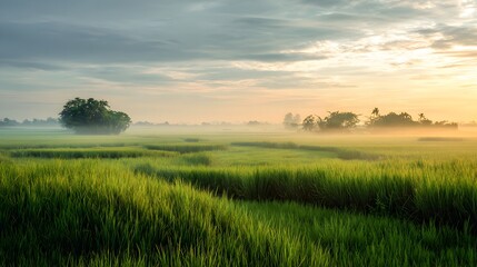 Obraz premium Misty Morning Sunrise Over Lush Green Rice Paddies in Rural Landscape.