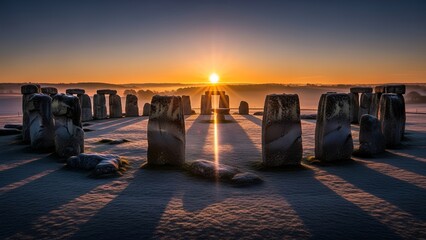 Ancient stone circle illuminated by winter solstice sunrise, glowing horizon