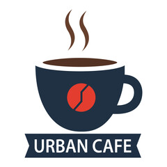Urban cafe logo steaming coffee cup illustration with a bean graphic on a dark mug, perfect for restaurant, bistro, and coffee shop branding