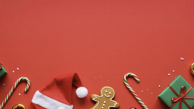 Christmas holiday flat lay with santa hat gingerbread cookies and gifts