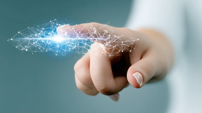 A woman's hand pointing at a glowing digital network connection, representing technology and innovation. The image is set against a blurred background.