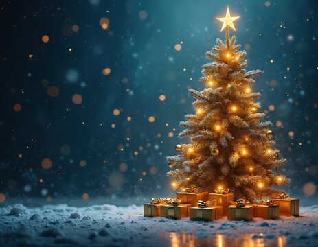 Christmas tree with golden lights and star topper sits on snowy ground. Wrapped gifts with ribbons are placed around its base. Festive bokeh lights sparkle in the dark background.