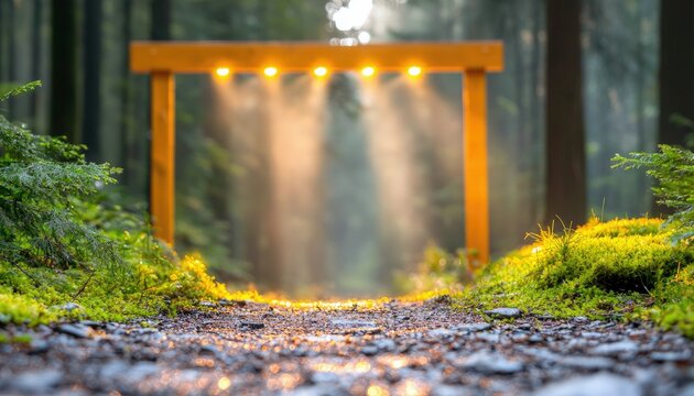 A wooden archway with lights stands at the end of a forest path, illuminated by sunbeams streaming through the trees. The path is surrounded by lush greenery. - Powered by Adobe