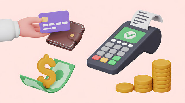3D illustration showing financial payment icons on light pink background concept of online banking transaction and digital finance - Powered by Adobe