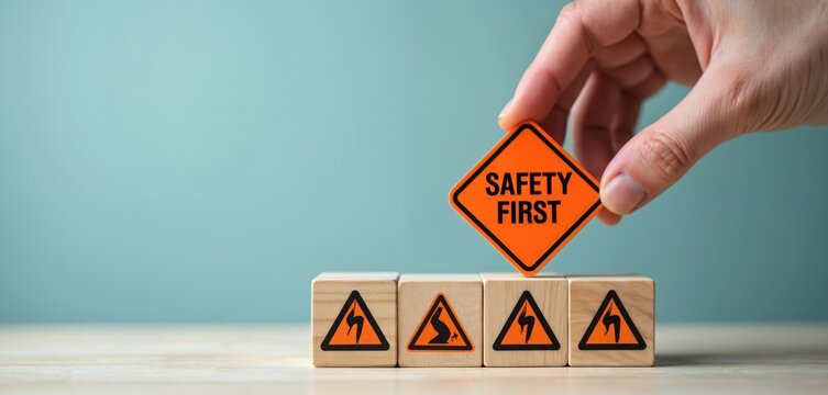 Hand places orange Safety First sign on wooden blocks with danger icons. Cubes represent workplace hazards, caution, risk awareness. Shows zero accident policy, employee security management for safe