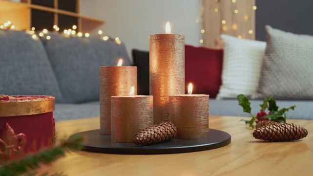 Christmas Home Decorations &ndash; Advent Arrangement With Four Lit Golden Candles