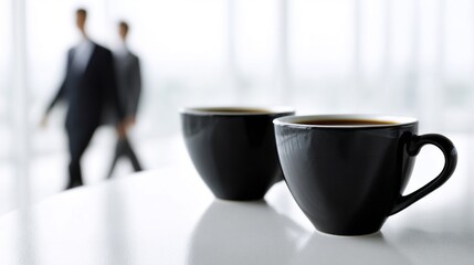 Two elegant black coffee cups rest on a table, reflecting light in a bright office. In the background, business professionals engage in discussion, creating an atmosphere of collaboration