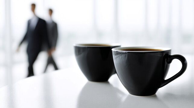 Two elegant black coffee cups rest on a table, reflecting light in a bright office. In the background, business professionals engage in discussion, creating an atmosphere of collaboration