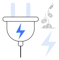 Electric plug with blue lightning bolt and coins falling, representing energy cost, green energy, efficiency, power saving, technology, investment, and renewable opportunities. Minimalist flat
