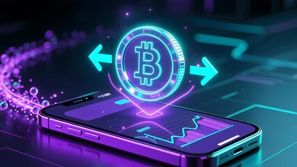 Futuristic smartphone showcases hologram of cryptocurrency symbols in neon colors, highlighting innovation in digital finance and technology - Powered by Adobe