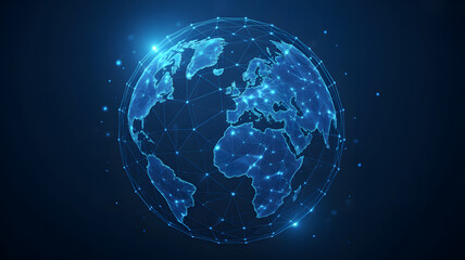 Digital artistic representation of Earth depicted as glowing blue wireframe globe against deep navy blue background global technology concept