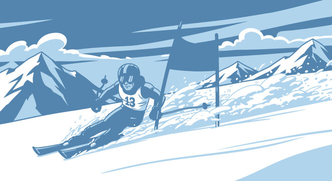 Downhill Ski Racer Slalom Course Cartoon Illustration