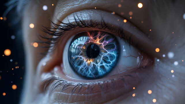 Digital art piece depicting futuristic cyber-eye with glowing blue iris and intricate neural network patterns artificial intelligence vision concept - Powered by Adobe