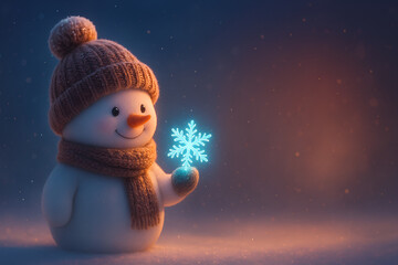 High-resolution Christmas artwork featuring a stylized snowman holding a glowing snowflake with falling snow and elegant empty space for holiday messages