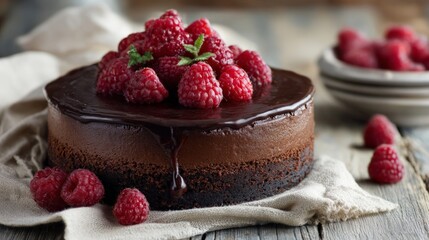luxurious dark chocolate cake topped with raspberries
