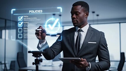 African American businessman interacts with a futuristic holographic screen displaying policies in a modern office. He is making selections and using advanced digital technology for business managemen - Powered by Adobe
