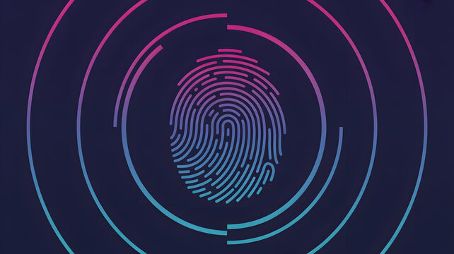 Digital illustration showing fingerprint in neon colors against dark navy blue background concept of cybersecurity identity and authentication