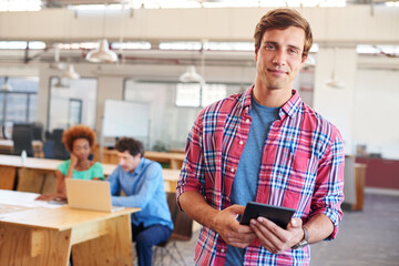 Happy, creative agency or man in office, tablet or internet with social media campaign. People, digital app or magazine editor with tech, coworking or website info with email notification or startup