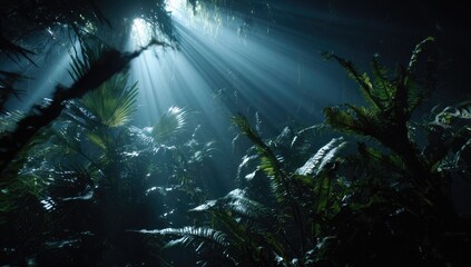 Obraz premium Sunlight beams through jungle canopy in dark cave