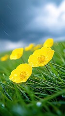 Close-up of yellow flowers covered in raindrops on a green meadow under a dark, cloudy sky. The image captures a moody, natural scene.