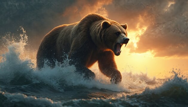 Fierce bear emerges from ocean waves during golden sunset. Powerful beast with bared teeth moves forward through rough sea spray under dramatic sky. Symbolizes strength and primal nature.
