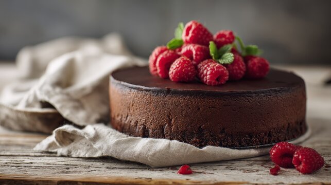 luxurious dark chocolate cake topped with raspberries