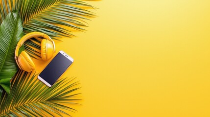 A pair of yellow headphones and a smartphone are placed on palm leaves against a yellow background, evoking summer vibes.