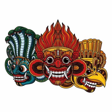 Intricate colorful Sri Lankan devil dance masks invoking ancient spirits, perfect for cultural events or vibrant design projects, embracing rich artistic heritage