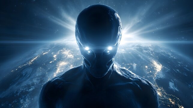 Mysterious Alien Figure with Glowing Eyes Against a Cosmic Background.