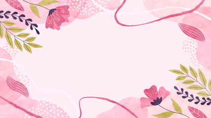 春風と花と植物の背景フレーム 春のナチュラルでフローラルな水彩イラスト枠