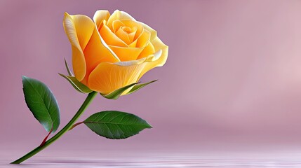 A single, vibrant yellow rose with delicate green leaves is centered against a soft, gradient pink background. The lighting is gentle and diffused, creating a s