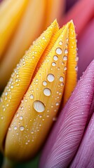Close-up of a yellow tulip bud covered in water droplets, with a blurred pink tulip in the background. The image has a soft focus and captures the beauty of nat