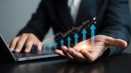 Professional business photograph of hands interacting with holographic data visualization and financial charts modern analytics technology concept
