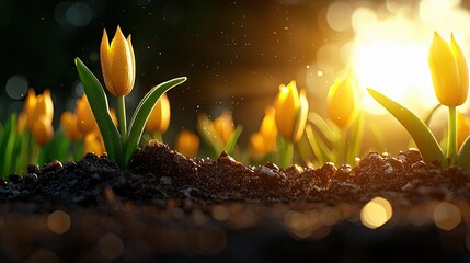 Close-up of yellow tulips growing in dark soil, with sunlight and bokeh in the background, creating a warm and inviting scene.
