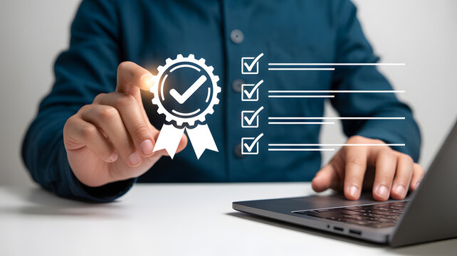 Professional business photo showing hands interacting with holographic interface and digital badge identity verification and cybersecurity concept